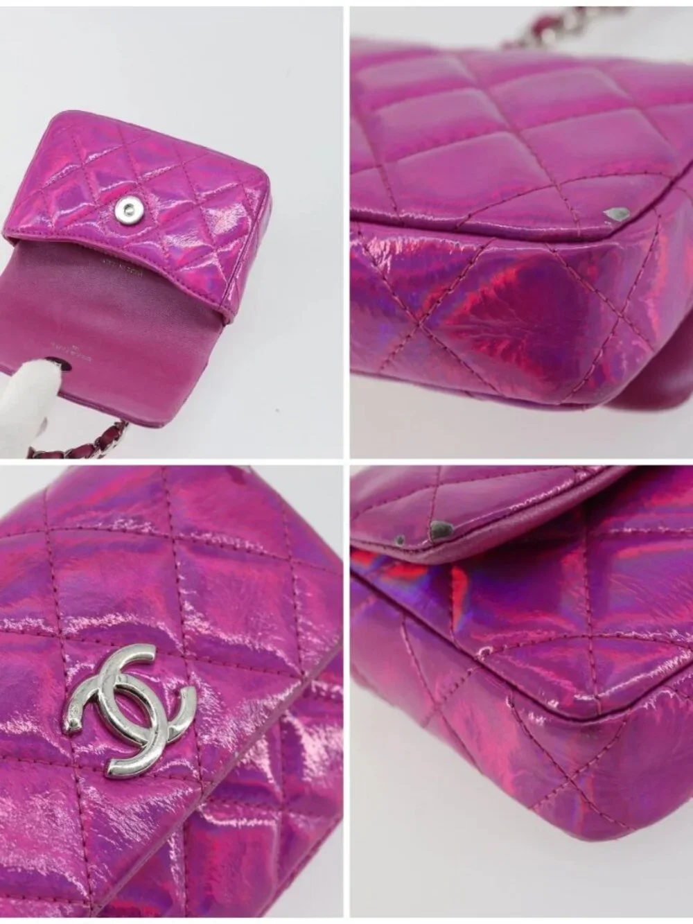 CHANEL Matelasse Carabiner Pouch Patent leather Pink Silver CC Auth YKZ1380A